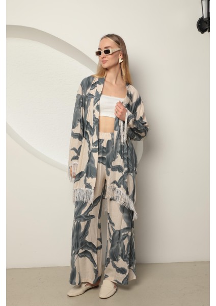 Viskon Kumaş Empirme Kadın Kimono Takım Gri fırsatları
