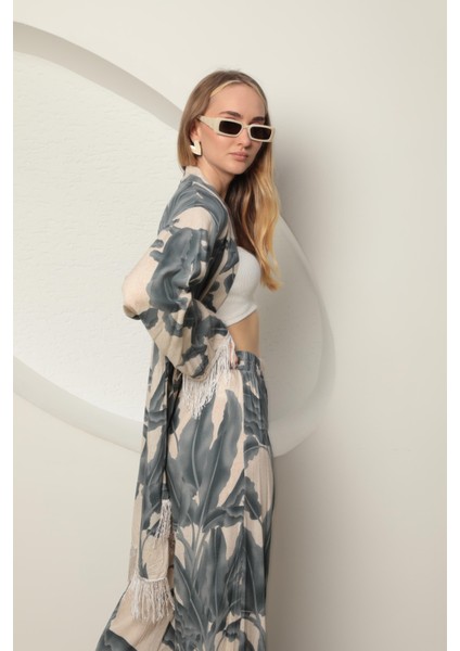 Viskon Kumaş Empirme Kadın Kimono Takım Gri indirimleri