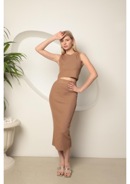 Triko Kumaş Croplu Etek Kadın Takım Camel