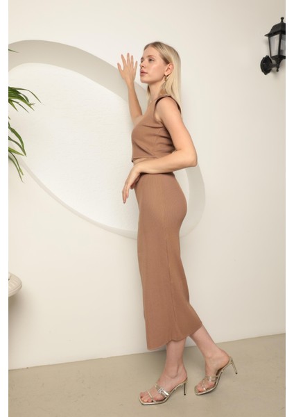 Triko Kumaş Croplu Etek Kadın Takım Camel