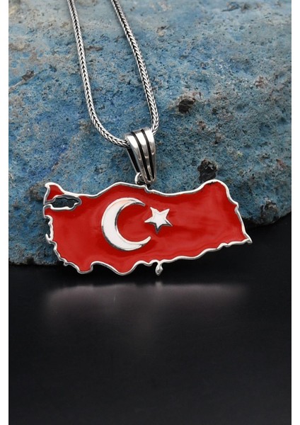 Gümüş Türk Bayrağı ( Ay Yıldızlı ) Mineli 925 Ayar Gümüş Kolye Zincir 901119 fırsatları