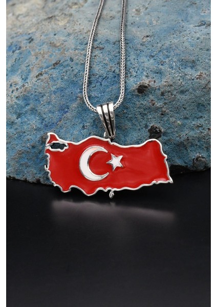 Gümüş Türk Bayrağı ( Ay Yıldızlı ) Mineli 925 Ayar Gümüş Kolye Zincir 901119 indirimleri