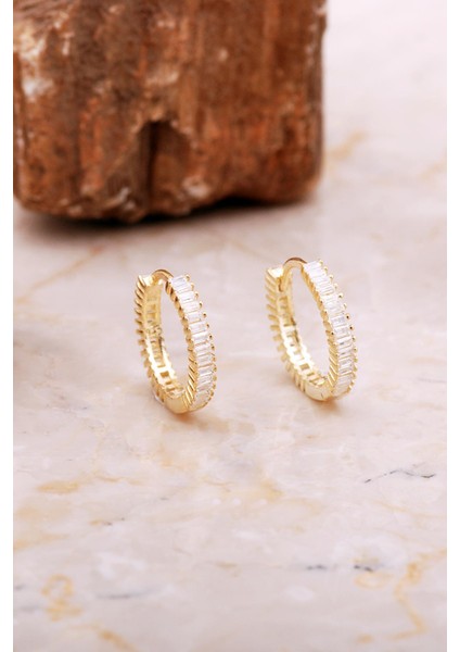 18 mm Baget Taşlı Altın Kaplama Gümüş Halka Küpe 7031