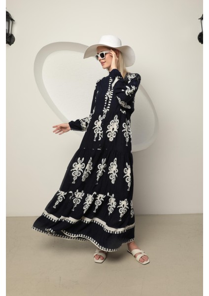 Viskon Kumaş Etnik Desen Kadın Gömlek Elbise Lacivert