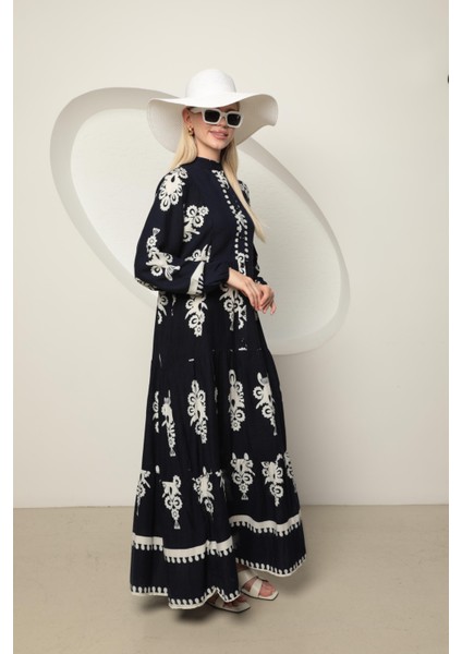 Viskon Kumaş Etnik Desen Kadın Gömlek Elbise Lacivert modelleri