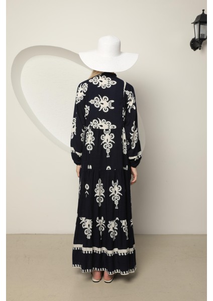 Viskon Kumaş Etnik Desen Kadın Gömlek Elbise Lacivert fırsatları