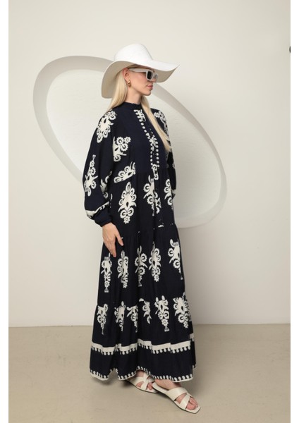 Viskon Kumaş Etnik Desen Kadın Gömlek Elbise Lacivert indirimleri