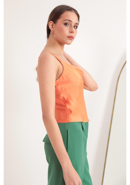 Saten Kumaş Degaje Yaka Kadın Bluz Oranj
