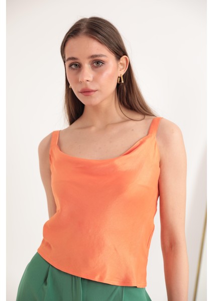 Saten Kumaş Degaje Yaka Kadın Bluz Oranj indirimleri