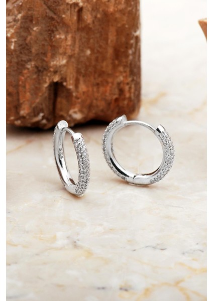 19 mm Tamtur Taşlı Rodyumlu Gümüş Halka Küpe 7014