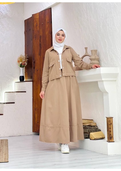 Ham Kot Kumaş Etek Ceket Takım Krem