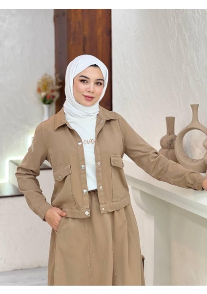 Ham Kot Kumaş Etek Ceket Takım Krem modelleri