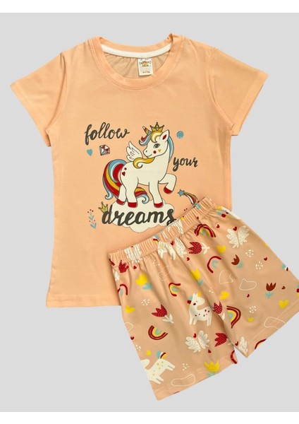 Kız Çocuk %100 Pamuklu Unıcorn Desenli Kısa Kollu Şortlu Yavruağzı Yazlık Pijama Takımı