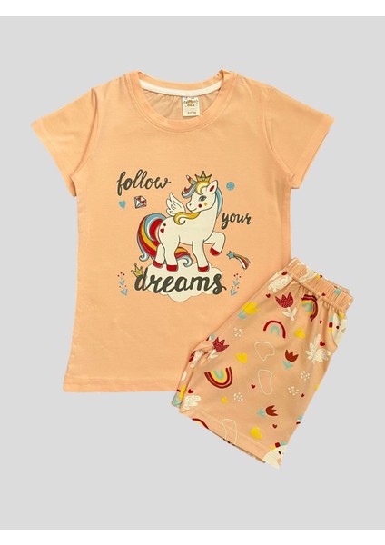 Kız Çocuk %100 Pamuklu Unıcorn Desenli Kısa Kollu Şortlu Yavruağzı Yazlık Pijama Takımı
