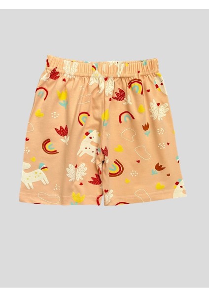 Kız Çocuk %100 Pamuklu Unıcorn Desenli Kısa Kollu Şortlu Yavruağzı Yazlık Pijama Takımı