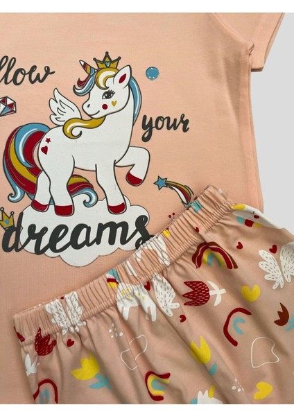 Kız Çocuk %100 Pamuklu Unıcorn Desenli Kısa Kollu Şortlu Yavruağzı Yazlık Pijama Takımı