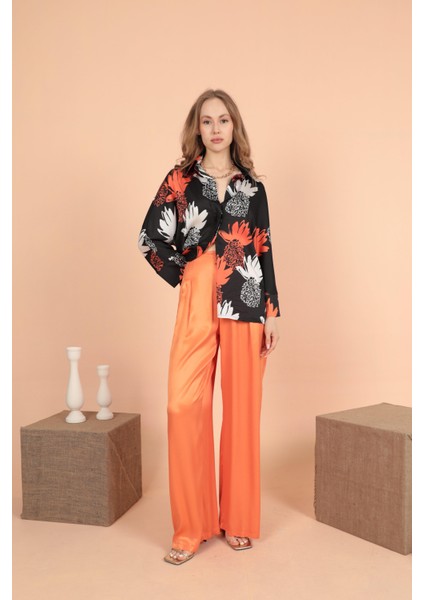 Saten Kumaş Pileli Palazzo Kadın Pantolon Orange fırsatları