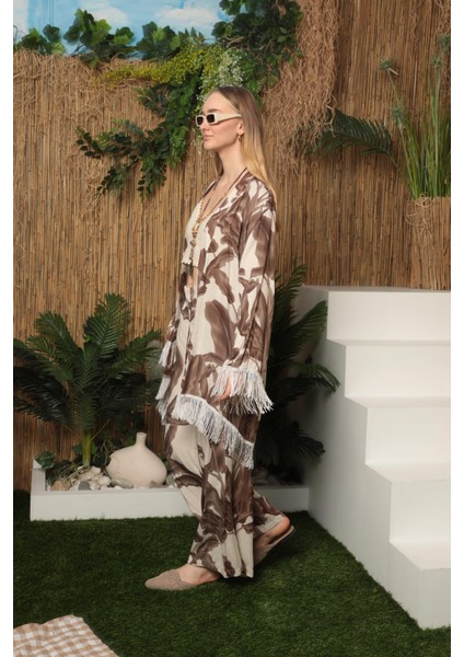 Viskon Kumaş Empirme Kadın Kimono Takım Kahverengi
