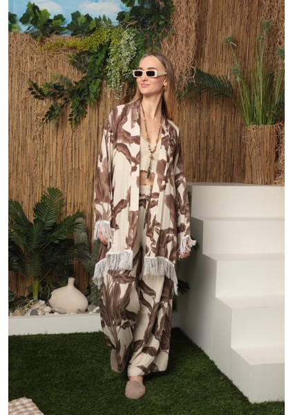 Viskon Kumaş Empirme Kadın Kimono Takım Kahverengi fiyatları