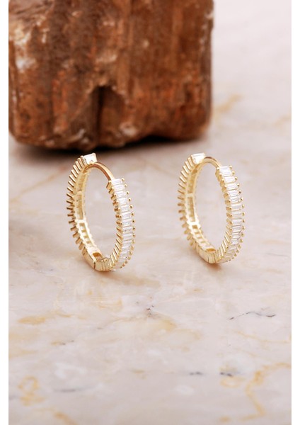 20 mm Baget Taşlı Altın Kaplama Gümüş Halka Küpe 7029