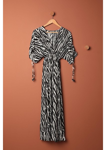 Viskon Kumaş Zebra Desen Kadın Elbise Siyah