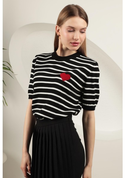 Triko Çizgili Kalp Desenli Kısa Kol Kadın Bluz Siyah indirimleri