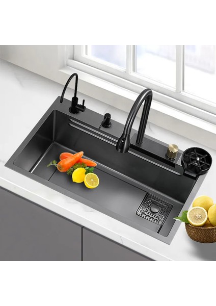 Akıllı Mutfak Eviye Set Şelale Modlu 80x45 cm Siyah Renk