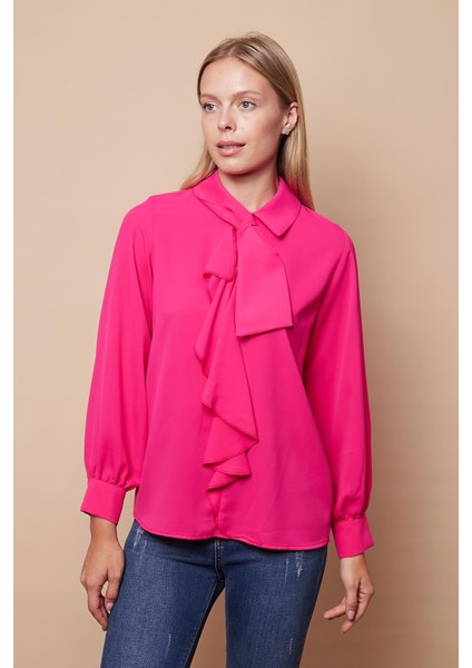 Kadın Likrasız Şık Kumaş Yakalı Önü Volanlı Uzun Kol Gömlek Bluz-Fujya modelleri