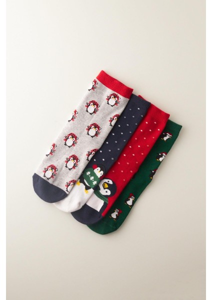 Çocuk 4 Lü Paket Sevimli Penguen Soket Çorap Çok Renkli
