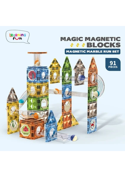 Learning Fun Manyetik Stem Oyuncak 91 Parça - Diamond Marble Run Set Magic Magnetic Blocks