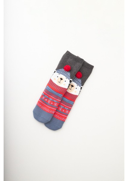 Çocuk Ponpon Detaylı Ayıcıklı Yılbaşı Soket Çorap Gri Melanj