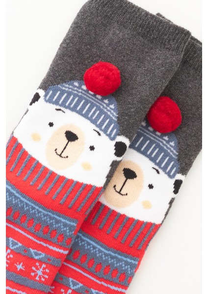 Çocuk Ponpon Detaylı Ayıcıklı Yılbaşı Soket Çorap Gri Melanj fiyatları