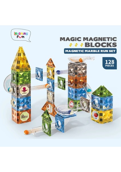 Learning Fun Manyetik Stem Oyuncak 128 Parça - Diamond Marble Run Set Magic Magnetic Blocks