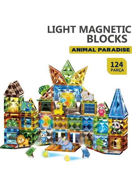 Learning Fun Manyetik Stem Oyuncak Işıklı 124 Parça Light Diamond Magic Magnetic Blocks Animal Paradise