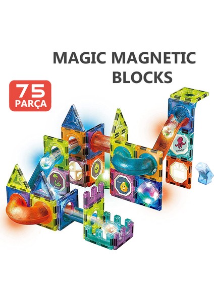 Learning Fun Manyetik Stem Oyuncak 75 Parça - Işıklı Marble Run Set Magic Magnetic Blocks