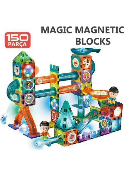 Learning Fun Manyetik Stem Oyuncak 150 Parça - Işıklı Marble Run Set Magic Magnetic Blocks