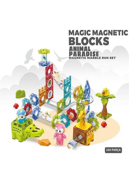 Learning Fun Manyetik Stem Oyuncak 104 Parça - Marble Run Set Magic Magnetic Blocks Animal Paradise