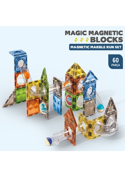 Learning Fun Manyetik Stem Oyuncak 60 Parça - Diamond Marble Run Set Magic Magnetic Blocks