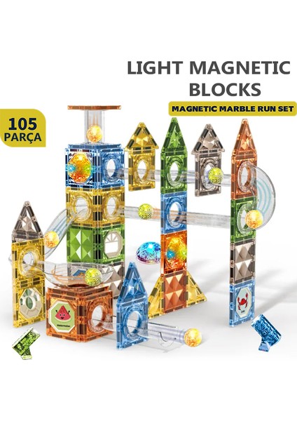 Learning Fun Manyetik Stem Oyuncak 105 Parça - Işıklı Marble Run Set Magic Magnetic Blocks