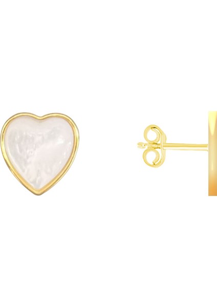 Sedef Taşlı Sade Kalp Küpe 925 Ayar Gümüş Sarı Renk