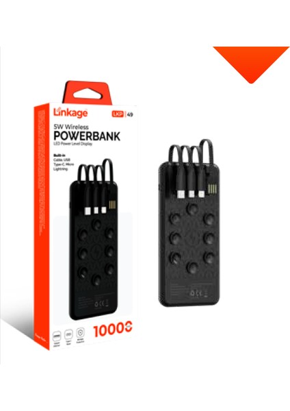 10.000 Mah, 5W, Usb, Dahili Type-C, Mikro, Lightning Kablolu, LCD Göstergeli Kablosuz Şarjlı Powerbank Lkp-49