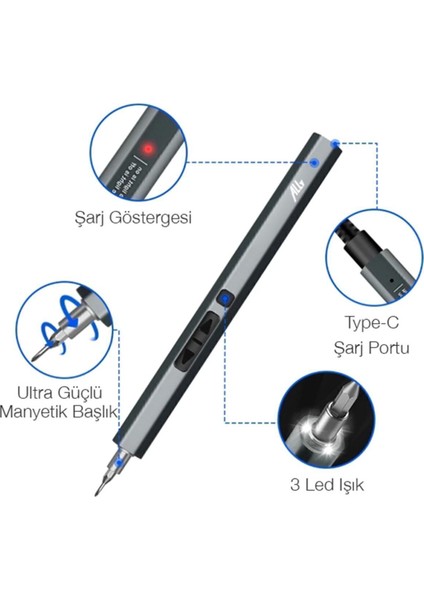 Manyetik Ally 40 Elektrikli Kalem Tornavida Seti Mini Şarjlı Tornavida-Füme 2 Yıl 1 4.8 Volt 4.5 -