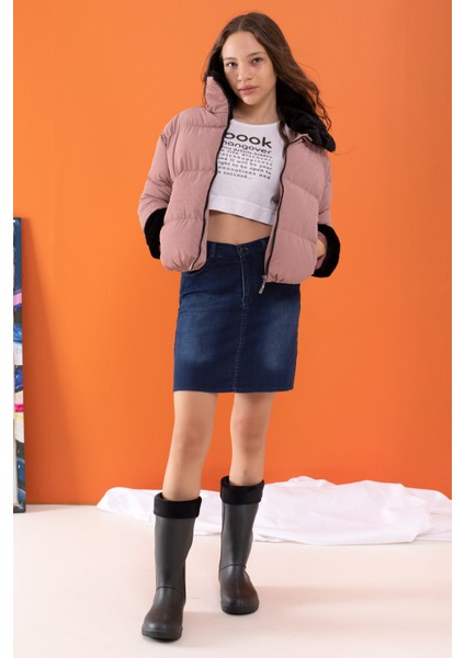 Pembe Dik Yaka Kolu Kürk Detaylı Kız Çocuk Şişme Mont 19506