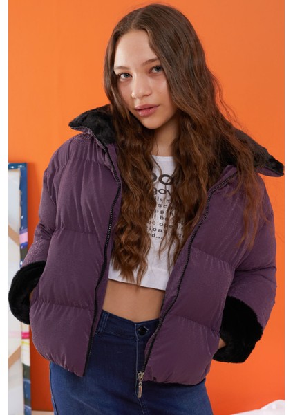 Mor Dik Yaka Kolu Kürk Detaylı Kız Çocuk Şişme Mont 19507 fiyatları