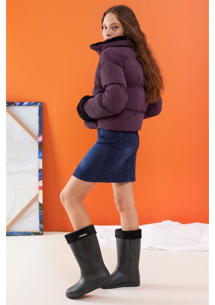 Mor Dik Yaka Kolu Kürk Detaylı Kız Çocuk Şişme Mont 19507 modelleri