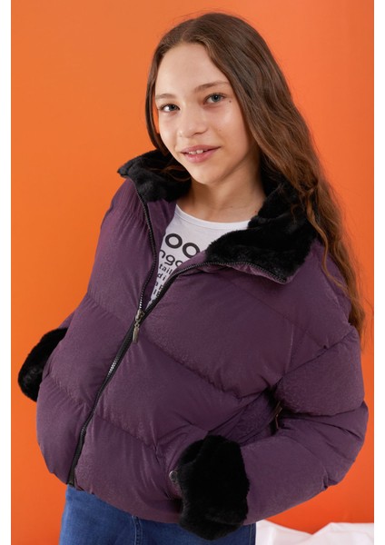 Mor Dik Yaka Kolu Kürk Detaylı Kız Çocuk Şişme Mont 19507 fırsatları
