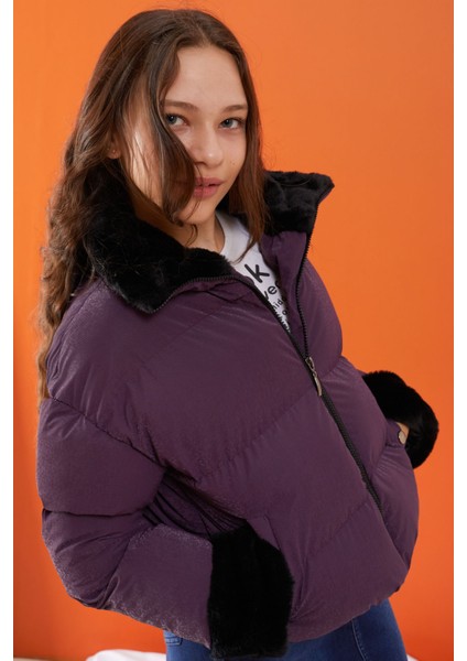 Mor Dik Yaka Kolu Kürk Detaylı Kız Çocuk Şişme Mont 19507 indirimleri