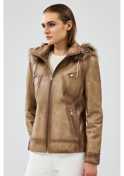 Meggy Kadın Bej Kapüşonlu Kürklü Deri Ceket 24WGE5210NC fiyatları