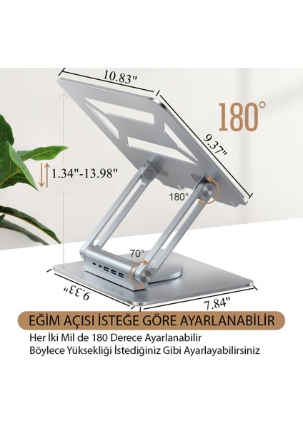 360° Döner Alüminyum Laptop Standı Ergonomik ve Portatif Tasarım USB Type-C Port Dayanıklı ve Sağlam