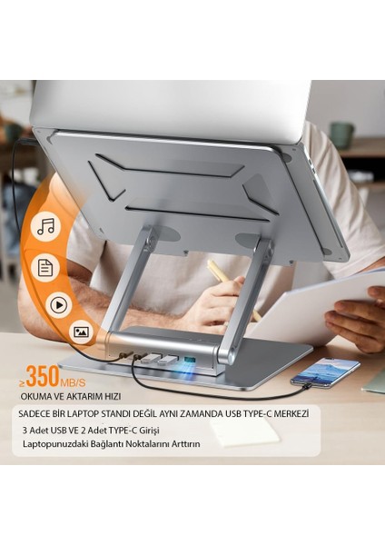 360° Döner Alüminyum Laptop Standı Ergonomik ve Portatif Tasarım USB Type-C Port Dayanıklı ve Sağlam